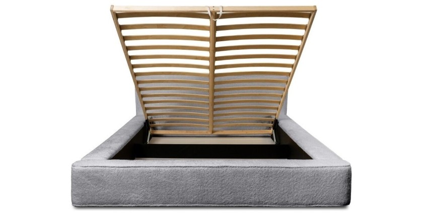 Lit coffre DENALI – Gris perle bouclé – 160x200 cm – Tissu velours doux – Sommier relevable – Rangement intégré 