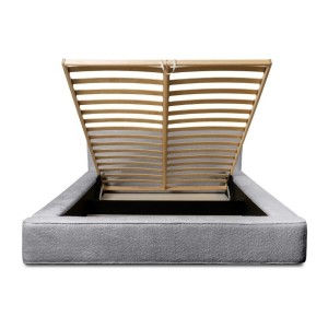 Lit coffre DENALI – Gris perle bouclé – 160x200 cm – Tissu velours doux – Sommier relevable – Rangement intégré 