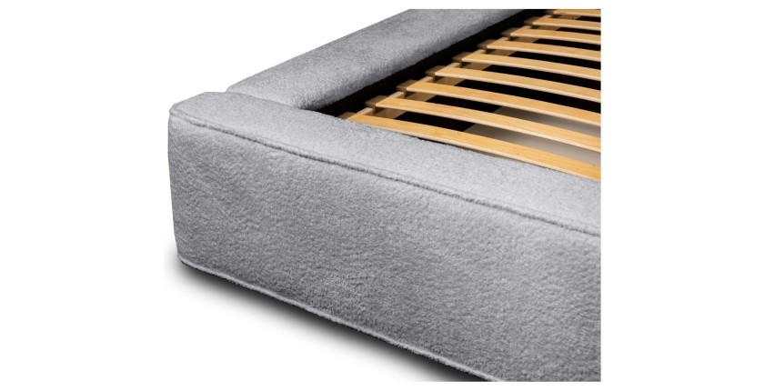 Lit coffre DENALI – Gris perle bouclé – 160x200 cm – Tissu velours doux – Sommier relevable – Rangement intégré 