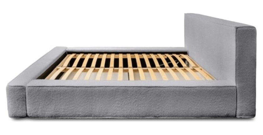 Lit coffre DENALI – Gris perle bouclé – 160x200 cm – Tissu velours doux – Sommier relevable – Rangement intégré 