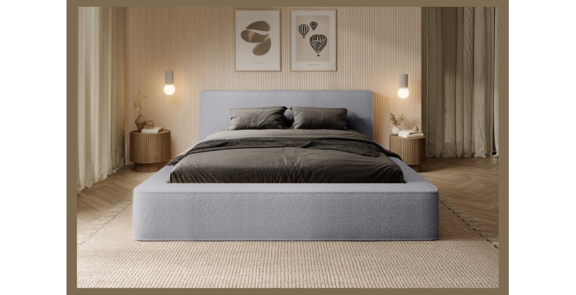 Lit coffre DENALI – Gris perle bouclé – 160x200 cm – Tissu velours doux – Sommier relevable – Rangement intégré 
