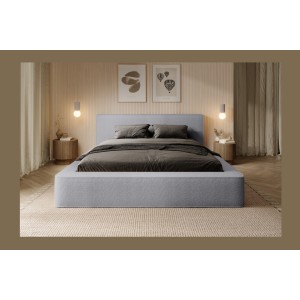 Lit coffre DENALI – Gris perle bouclé – 160x200 cm – Tissu velours doux – Sommier relevable – Rangement intégré 
