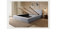 Lit coffre DENALI – Gris perle bouclé – 160x200 cm – Tissu velours doux – Sommier relevable – Rangement intégré 
