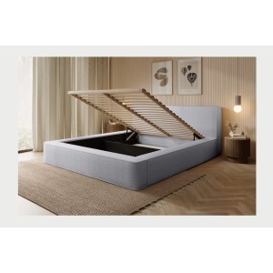 Lit coffre DENALI – Gris perle bouclé – 160x200 cm – Tissu velours doux – Sommier relevable – Rangement intégré 