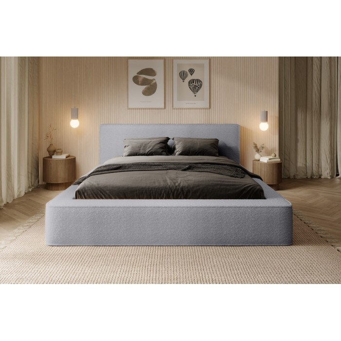 Lit coffre DENALI – Perlgrau meliert – 180x200 cm – Samtweicher Stoff – Klappbarer Lattenrost – Integrierter Stauraum 