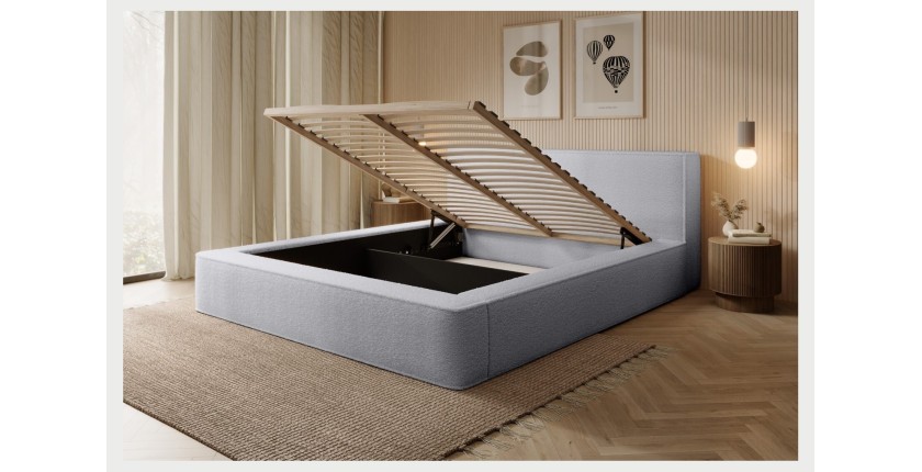 Lit coffre DENALI – Gris perle bouclé – 180x200 cm – Tissu velours doux – Sommier relevable – Rangement intégré 