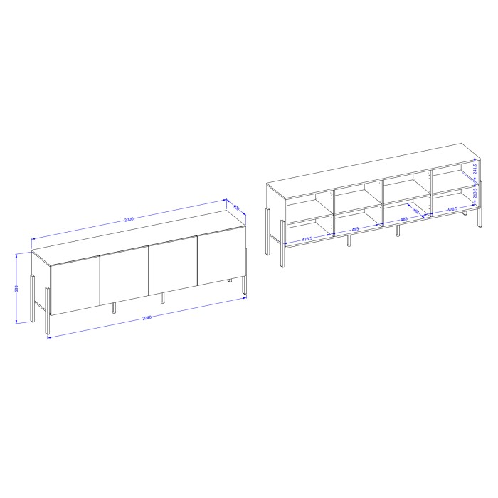 Buffet SALMA – 4 porte Push-to-Open – Bianco super opaco & nero opaco, 204×70×40 cm