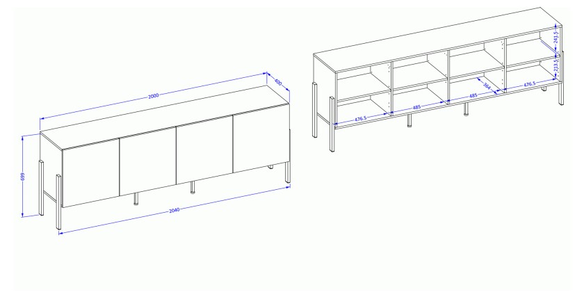 Buffet SALMA – 4 portes Push-to-Open – Blanc super mat & noir mat, 204×70×40 cm