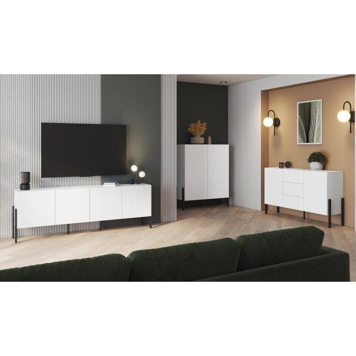 Buffet SALMA – 4 portes Push-to-Open – Blanc super mat & noir mat, 204×70×40 cm