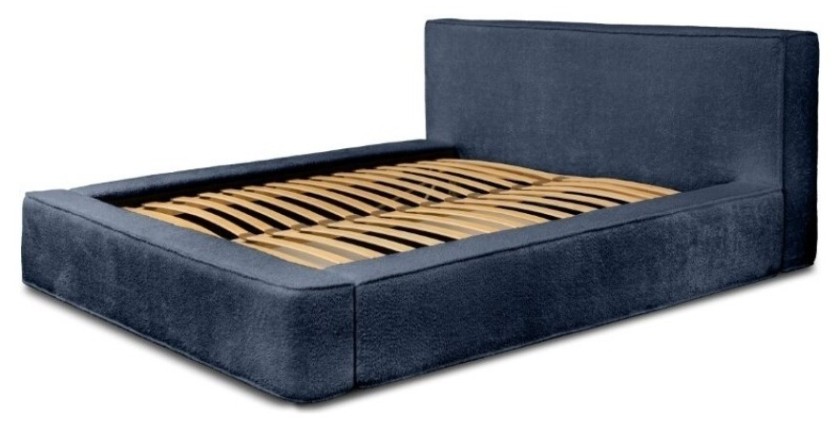 Lit coffre DENALI – Bleu acier bouclé – 180x200 cm – Tissu velours doux – Sommier relevable – Rangement intégré 