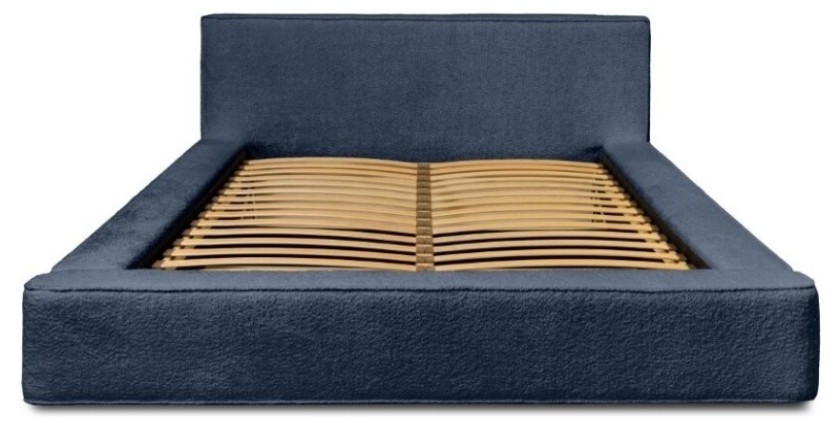 Lit coffre DENALI – Bleu acier bouclé – 180x200 cm – Tissu velours doux – Sommier relevable – Rangement intégré 