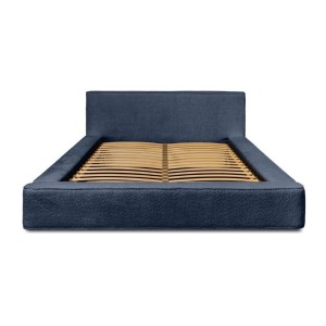 Lit coffre DENALI – Bleu acier bouclé – 180x200 cm – Tissu velours doux – Sommier relevable – Rangement intégré 