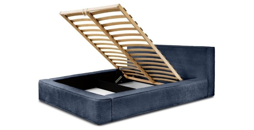 Lit coffre DENALI – Bleu acier bouclé – 180x200 cm – Tissu velours doux – Sommier relevable – Rangement intégré 