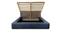 Lit coffre DENALI – Bleu acier bouclé – 180x200 cm – Tissu velours doux – Sommier relevable – Rangement intégré 