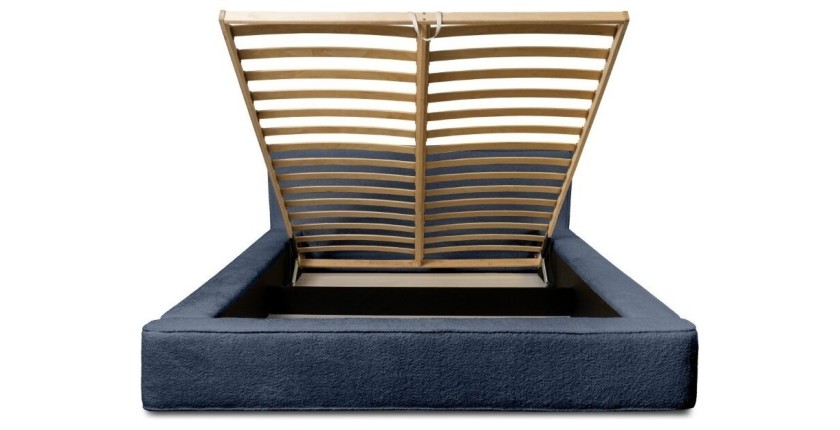 Lit coffre DENALI – Bleu acier bouclé – 180x200 cm – Tissu velours doux – Sommier relevable – Rangement intégré 