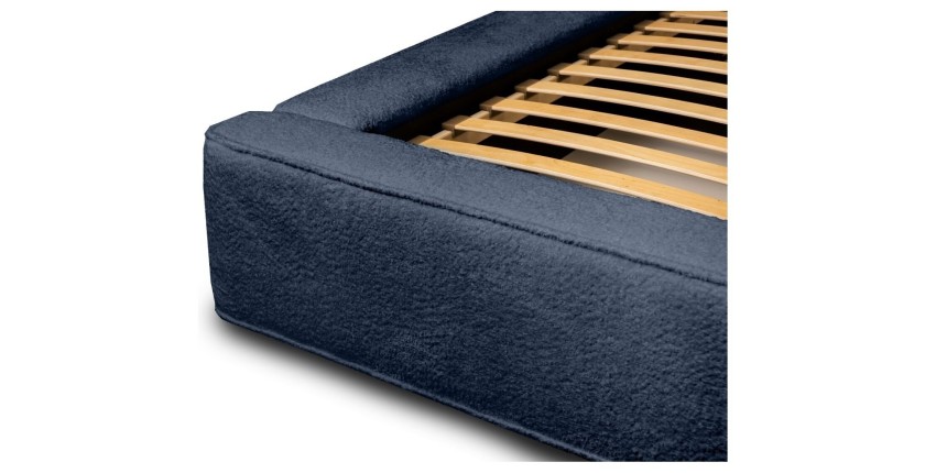 Lit coffre DENALI – Bleu acier bouclé – 180x200 cm – Tissu velours doux – Sommier relevable – Rangement intégré 