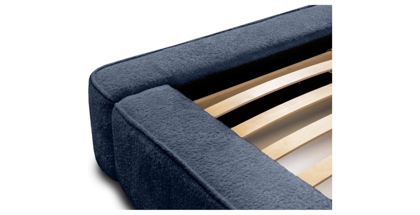 Lit coffre DENALI – Bleu acier bouclé – 180x200 cm – Tissu velours doux – Sommier relevable – Rangement intégré 