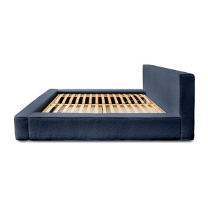 Lit coffre DENALI – Bleu acier bouclé – 180x200 cm – Tissu velours doux – Sommier relevable – Rangement intégré 