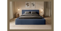 Lit coffre DENALI – Bleu acier bouclé – 180x200 cm – Tissu velours doux – Sommier relevable – Rangement intégré