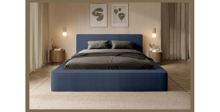 Lit coffre DENALI – Bleu acier bouclé – 180x200 cm – Tissu velours doux – Sommier relevable – Rangement intégré