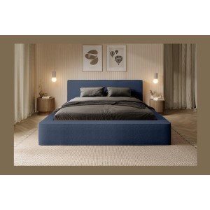 Lit coffre DENALI – Bleu acier bouclé – 180x200 cm – Tissu velours doux – Sommier relevable – Rangement intégré