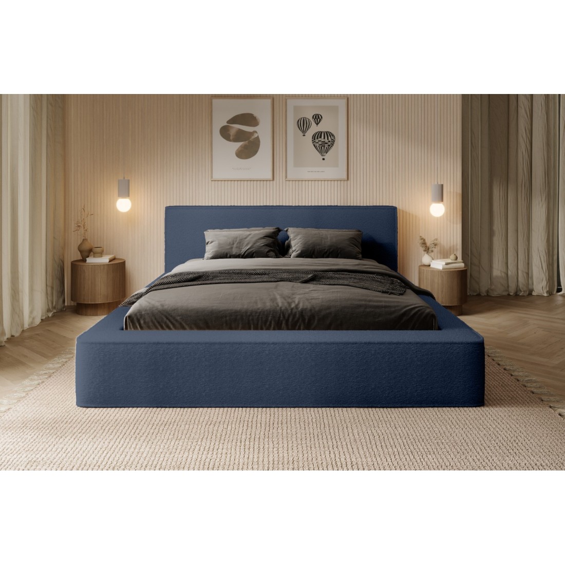 Lit coffre DENALI – Bleu acier bouclé – 180x200 cm – Tissu velours doux – Sommier relevable – Rangement intégré