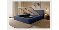 Lit coffre DENALI – Bleu acier bouclé – 180x200 cm – Tissu velours doux – Sommier relevable – Rangement intégré 