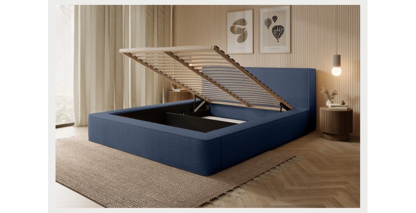 Lit coffre DENALI – Bleu acier bouclé – 180x200 cm – Tissu velours doux – Sommier relevable – Rangement intégré 