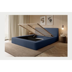 Lit coffre DENALI – Bleu acier bouclé – 180x200 cm – Tissu velours doux – Sommier relevable – Rangement intégré 