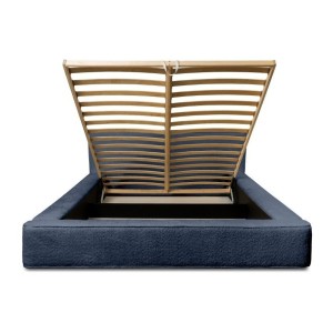 Lit coffre DENALI – Bleu acier bouclé – 160x200 cm – Tissu velours doux – Sommier relevable – Rangement intégré 