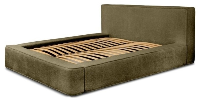 Lit coffre DENALI – Olive bouclé – 180x200 cm – Tissu velours doux – Sommier relevable – Rangement intégré 