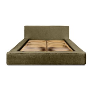 Lit coffre DENALI – Olive bouclé – 180x200 cm – Tissu velours doux – Sommier relevable – Rangement intégré 