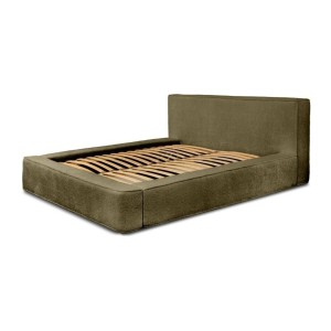 Lit coffre DENALI – Olive bouclé – 160x200 cm – Tissu velours doux – Sommier relevable – Rangement intégré 