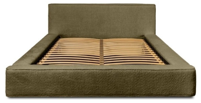 Lit coffre DENALI – Olive bouclé – 160x200 cm – Tissu velours doux – Sommier relevable – Rangement intégré 