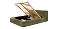 Lit coffre DENALI – Olive bouclé – 160x200 cm – Tissu velours doux – Sommier relevable – Rangement intégré 