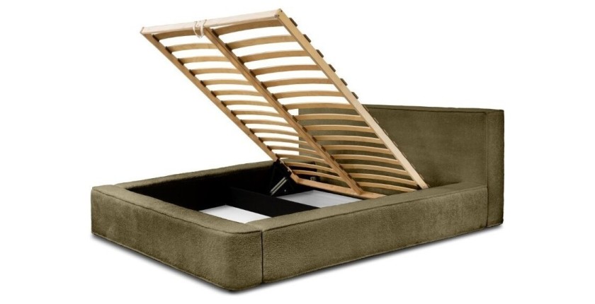 Lit coffre DENALI – Olive bouclé – 160x200 cm – Tissu velours doux – Sommier relevable – Rangement intégré 
