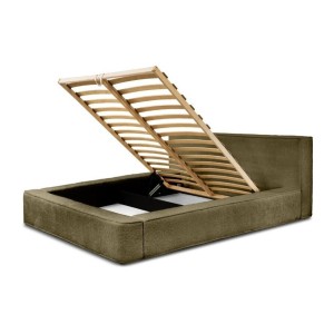 Lit coffre DENALI – Olive bouclé – 160x200 cm – Tissu velours doux – Sommier relevable – Rangement intégré 