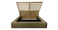 Lit coffre DENALI – Olive bouclé – 160x200 cm – Tissu velours doux – Sommier relevable – Rangement intégré 