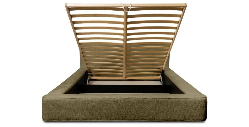 Lit coffre DENALI – Olive bouclé – 160x200 cm – Tissu velours doux – Sommier relevable – Rangement intégré 