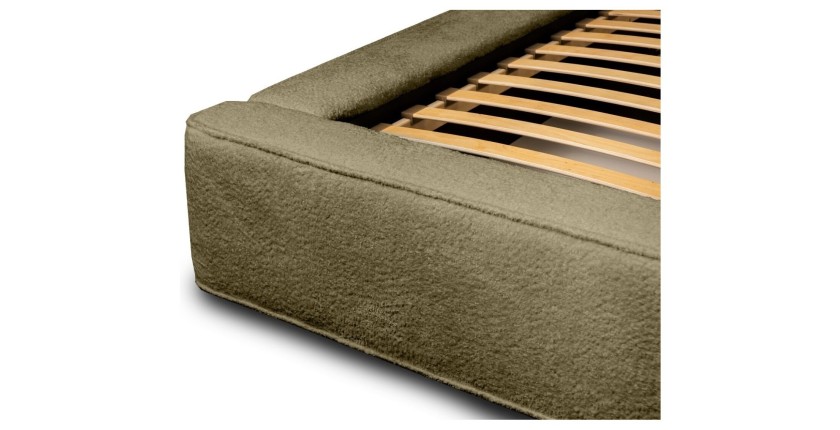 Lit coffre DENALI – Olive bouclé – 160x200 cm – Tissu velours doux – Sommier relevable – Rangement intégré 