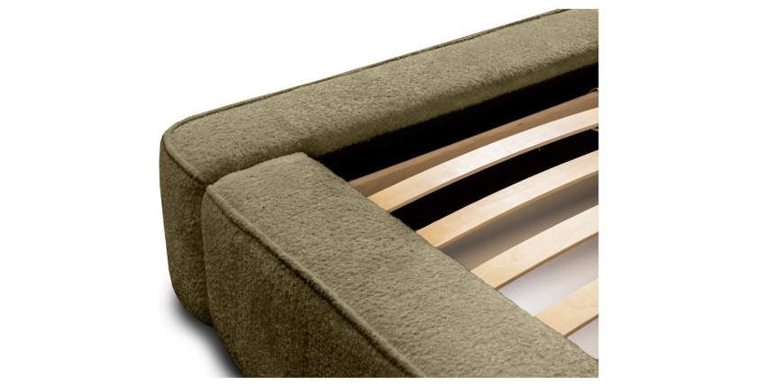 Lit coffre DENALI – Olive bouclé – 160x200 cm – Tissu velours doux – Sommier relevable – Rangement intégré 