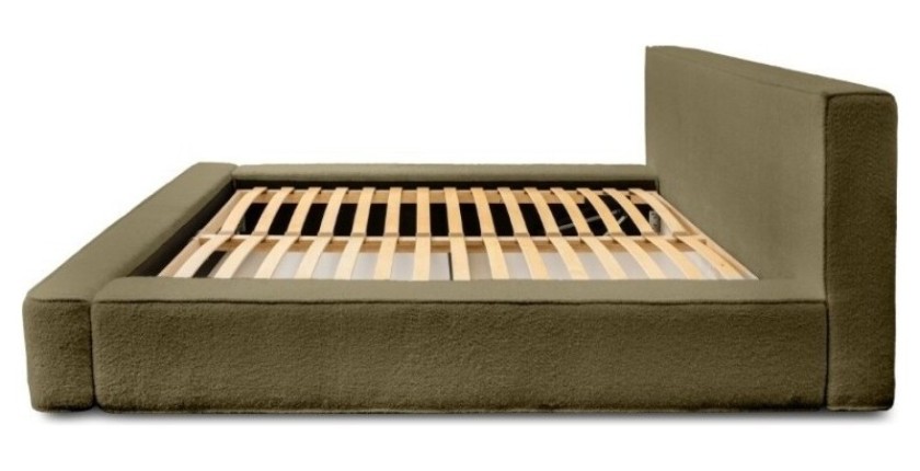 Lit coffre DENALI – Olive bouclé – 160x200 cm – Tissu velours doux – Sommier relevable – Rangement intégré 