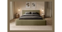 Lit coffre DENALI – Olive bouclé – 160x200 cm – Tissu velours doux – Sommier relevable – Rangement intégré