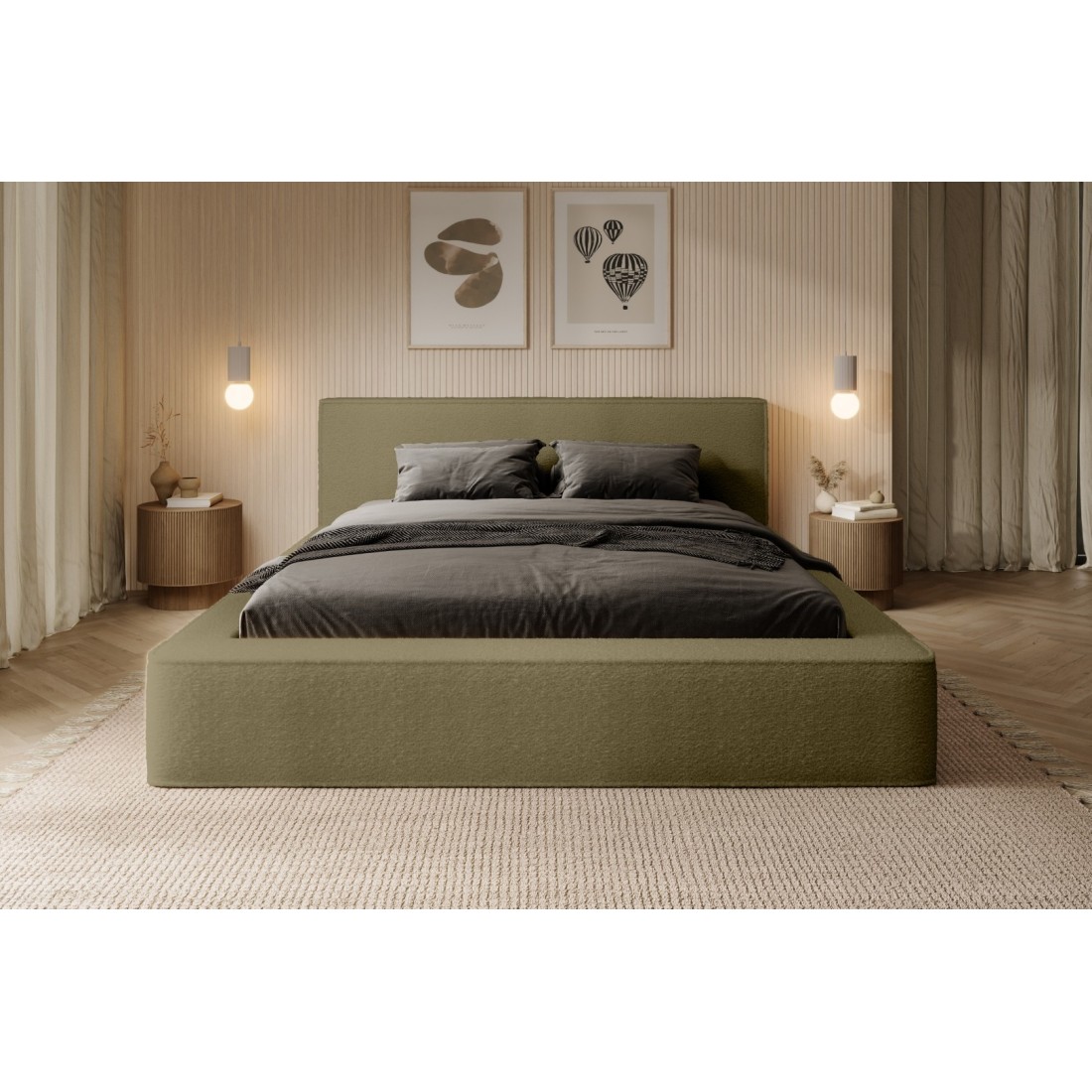 Lit coffre DENALI – Olive bouclé – 160x200 cm – Tissu velours doux – Sommier relevable – Rangement intégré