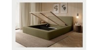 Lit coffre DENALI – Olive bouclé – 160x200 cm – Tissu velours doux – Sommier relevable – Rangement intégré 
