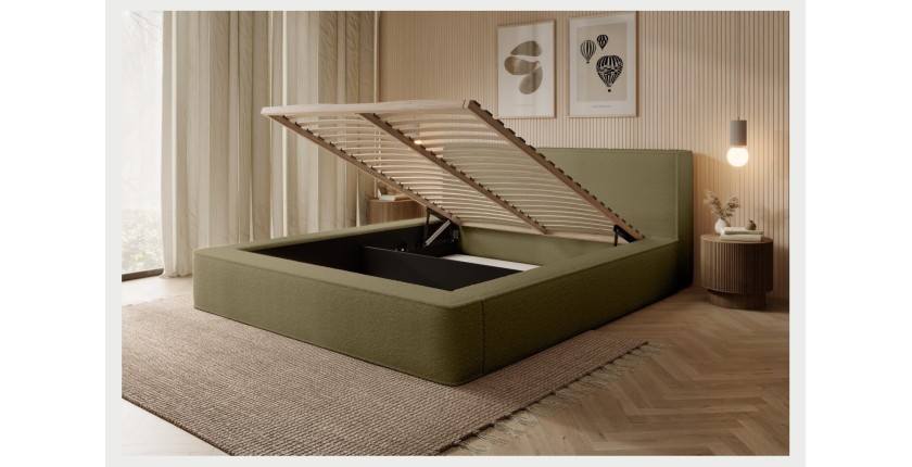 Lit coffre DENALI – Olive bouclé – 160x200 cm – Tissu velours doux – Sommier relevable – Rangement intégré 