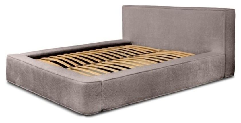 Lit coffre DENALI – Taupe rosé bouclé – 180x200 cm – Tissu velours doux – Sommier relevable – Rangement intégré 