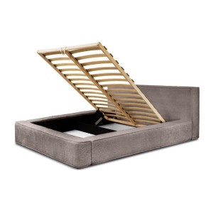 Lit coffre DENALI – Taupe rosé bouclé – 180x200 cm – Tissu velours doux – Sommier relevable – Rangement intégré 