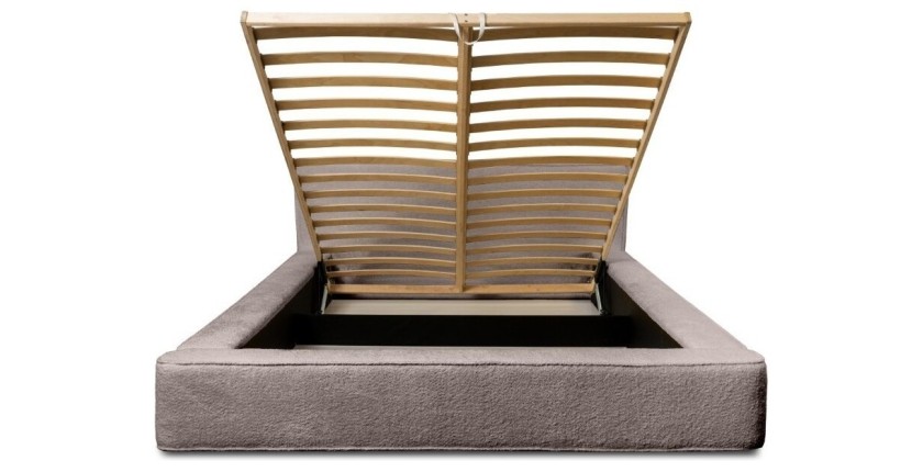 Lit coffre DENALI – Taupe rosé bouclé – 180x200 cm – Tissu velours doux – Sommier relevable – Rangement intégré 