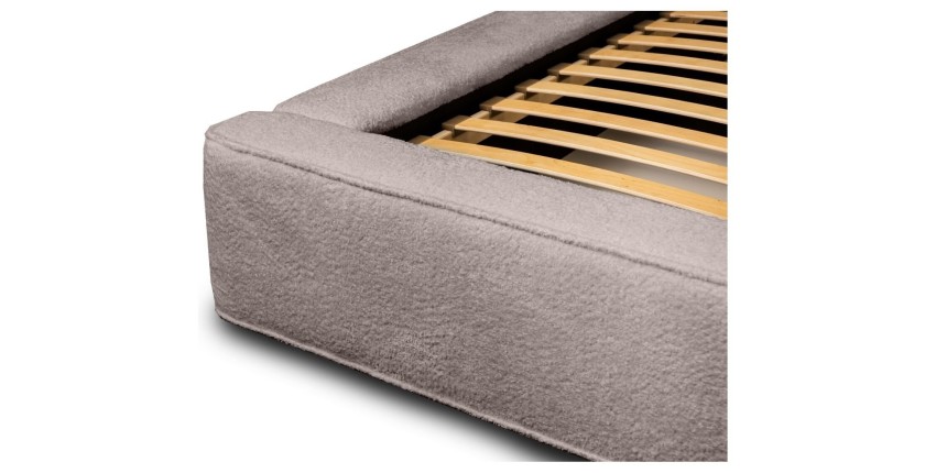 Lit coffre DENALI – Taupe rosé bouclé – 180x200 cm – Tissu velours doux – Sommier relevable – Rangement intégré 